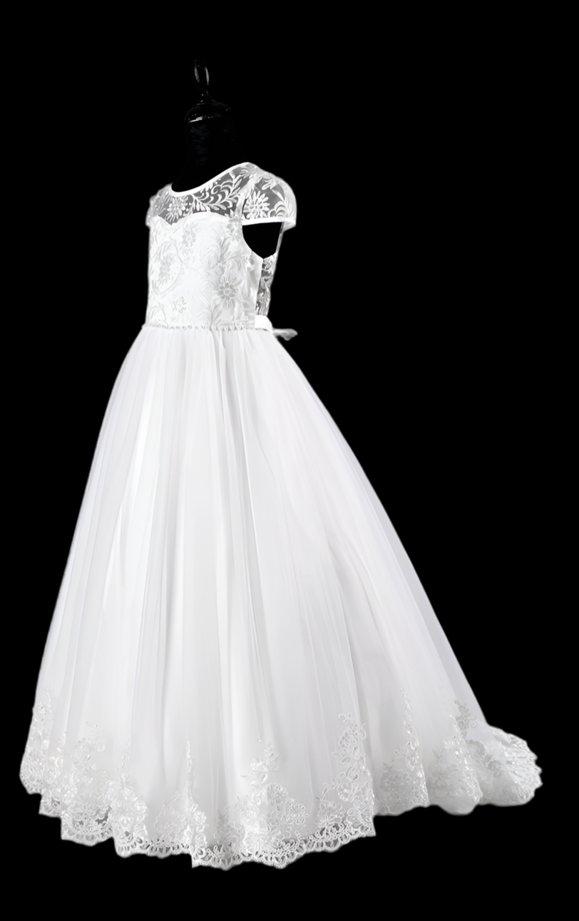 First Holy communion dress with trail and cup sleeves