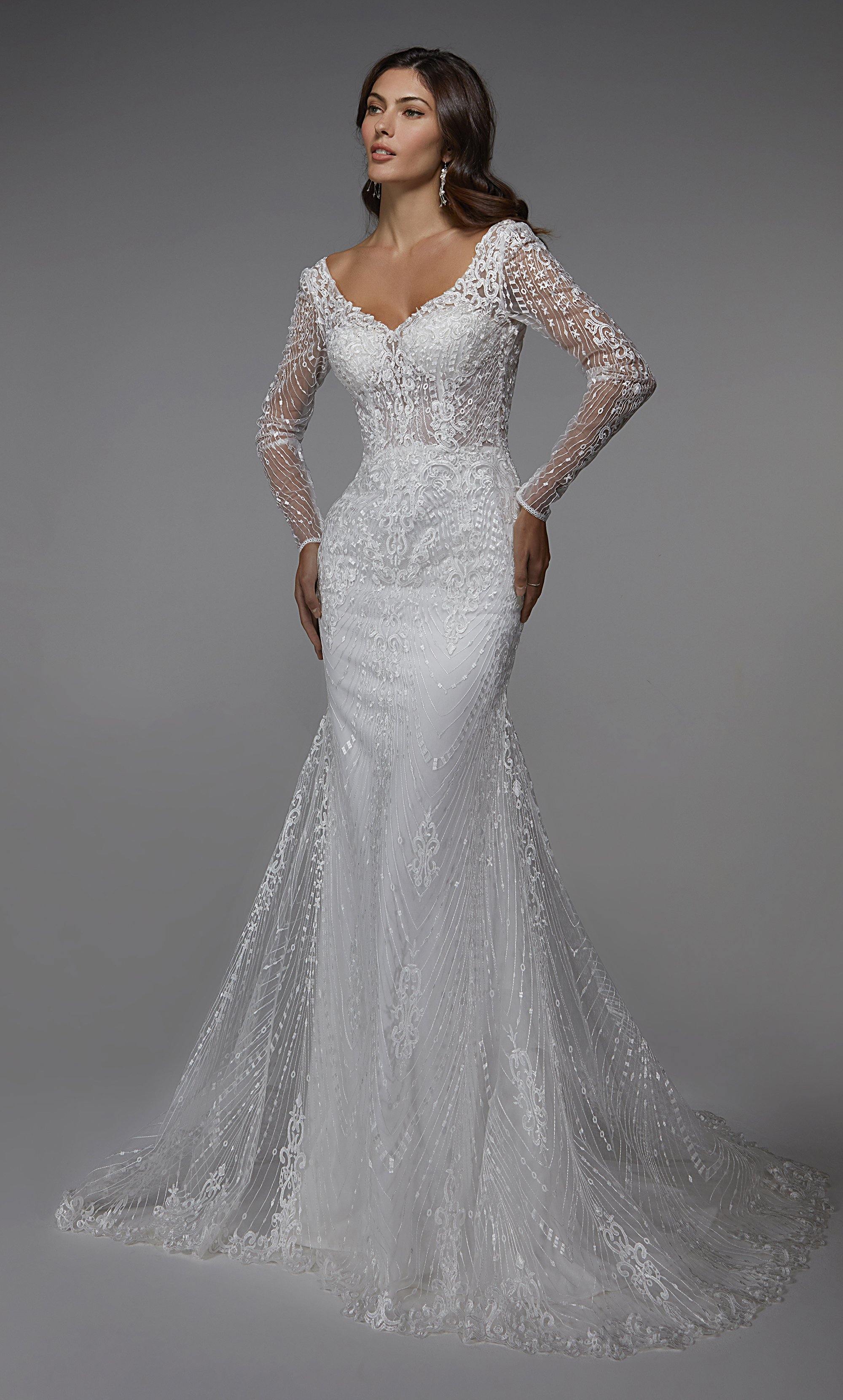 Long Sleeve Bridal Gown, V-neck, Fit and Flare dress – Aphrodite Malta