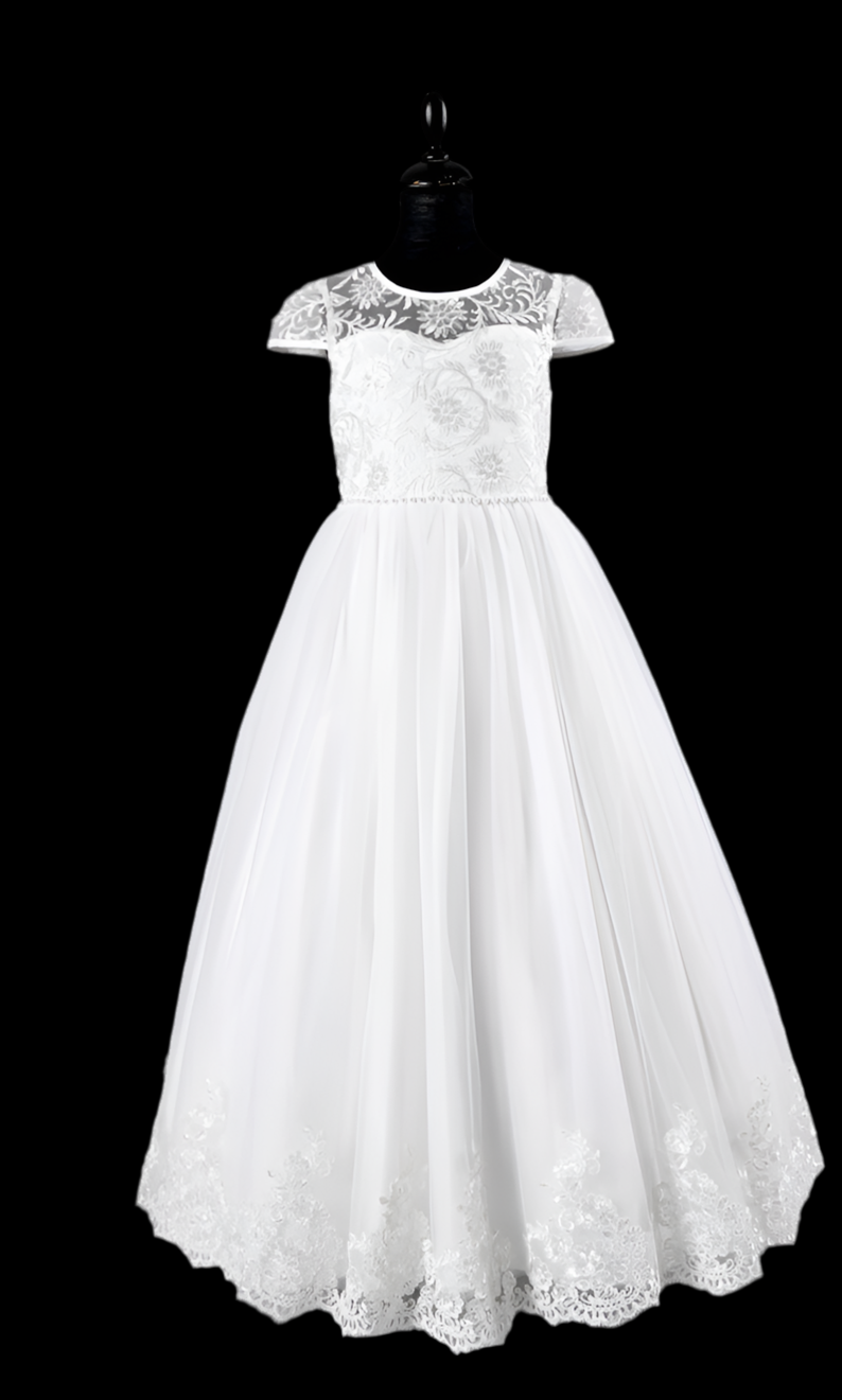 First Holy communion dress with trail and cup sleeves