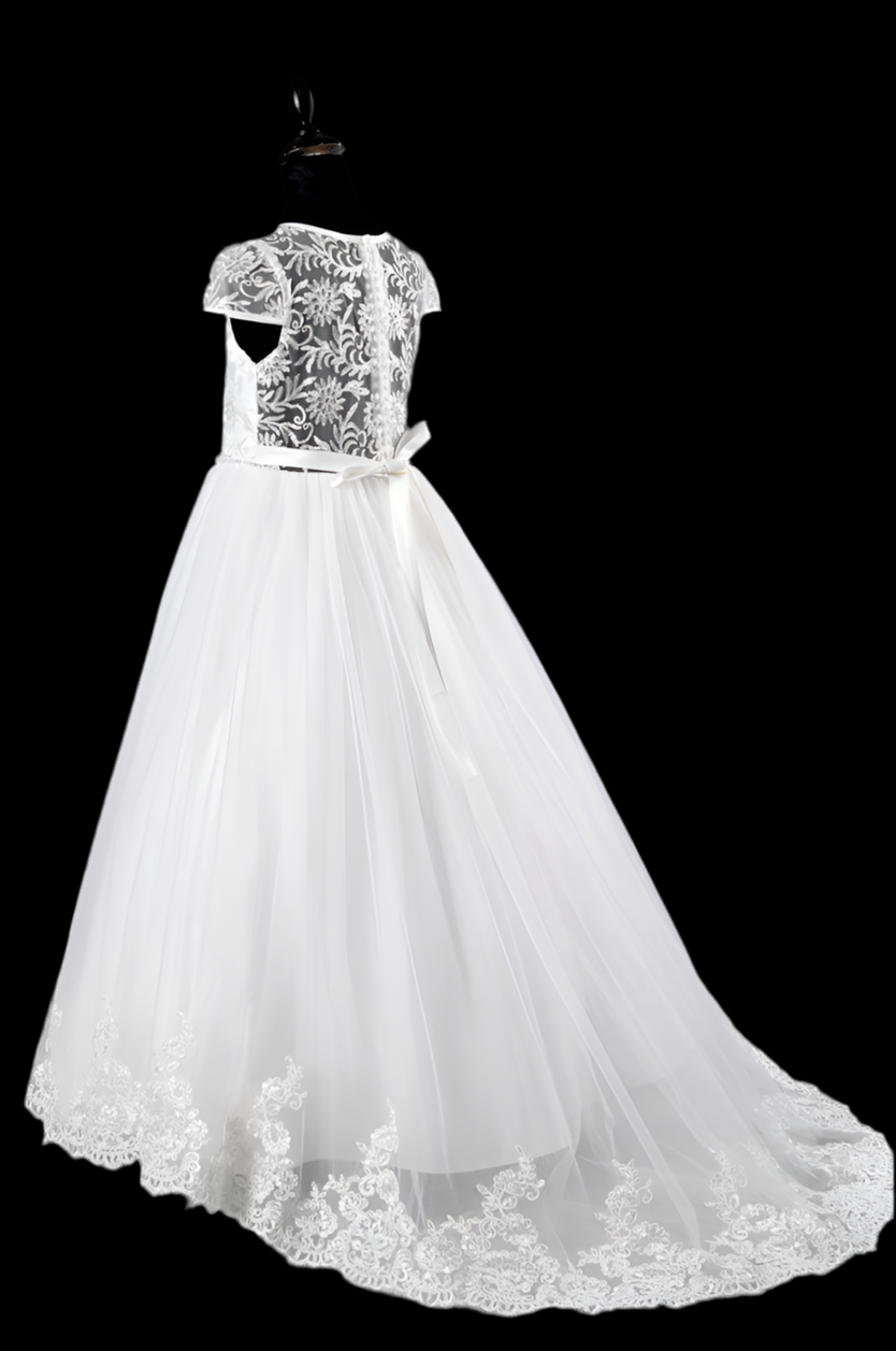 First Holy communion dress with trail and cup sleeves