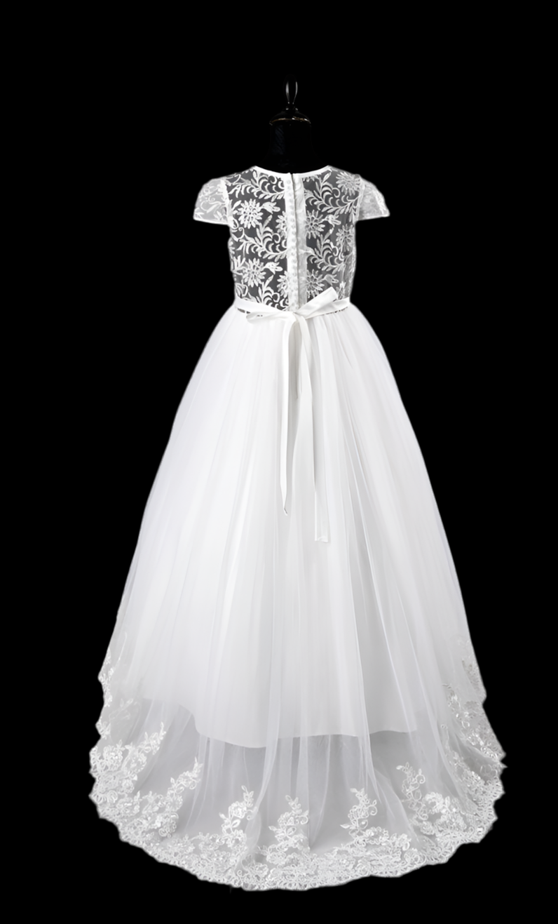 First Holy communion dress with trail and cup sleeves