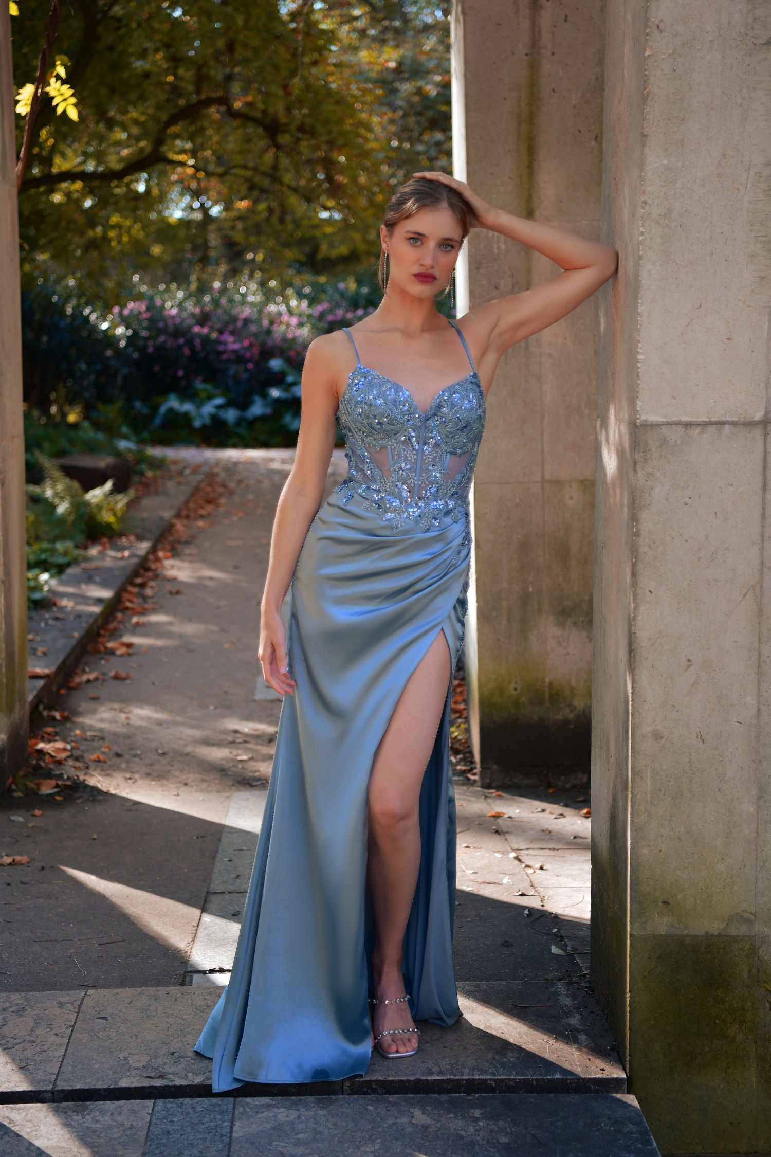 Elegant long satin dress with high leg slit