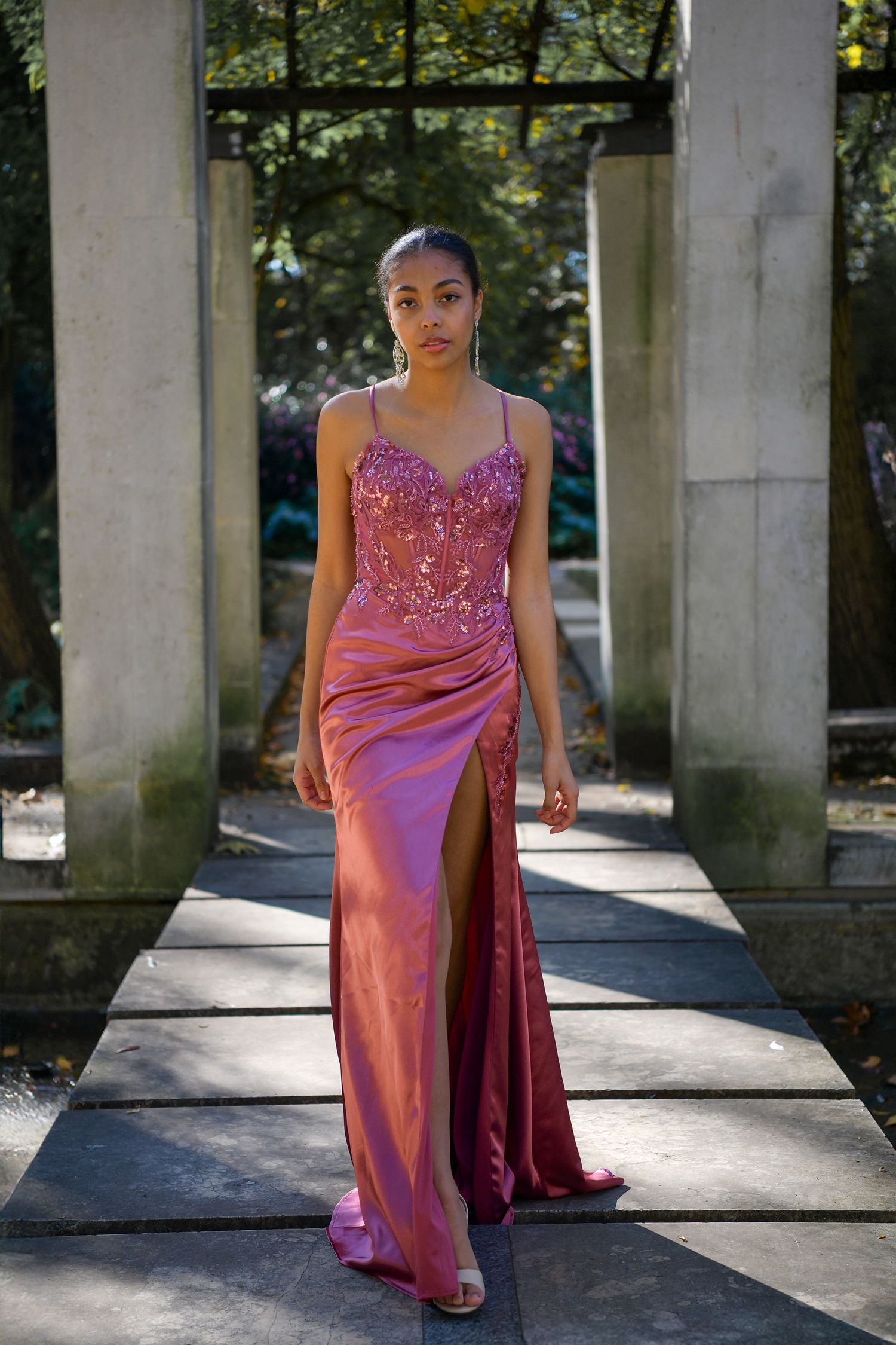 Elegant long satin dress with high leg slit