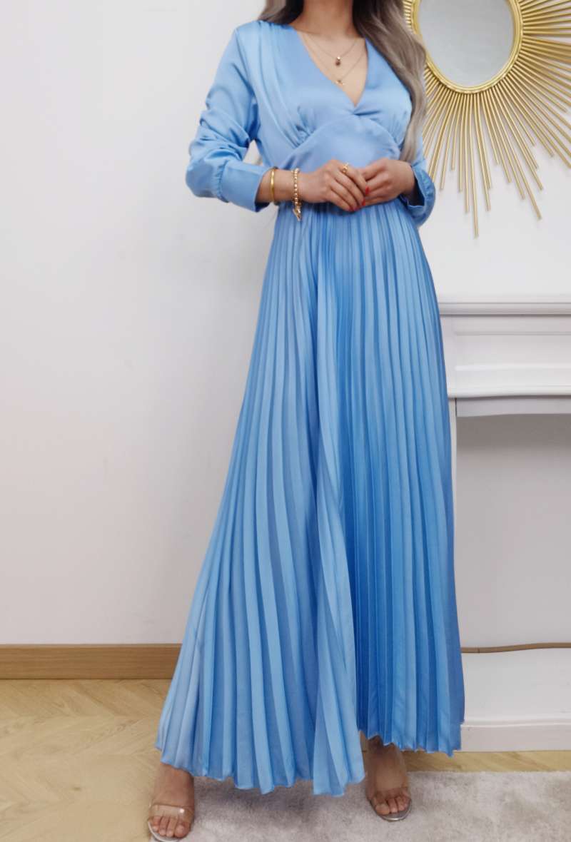 Long sleeve, pleated skirt in Satin Dress – Aphrodite Malta