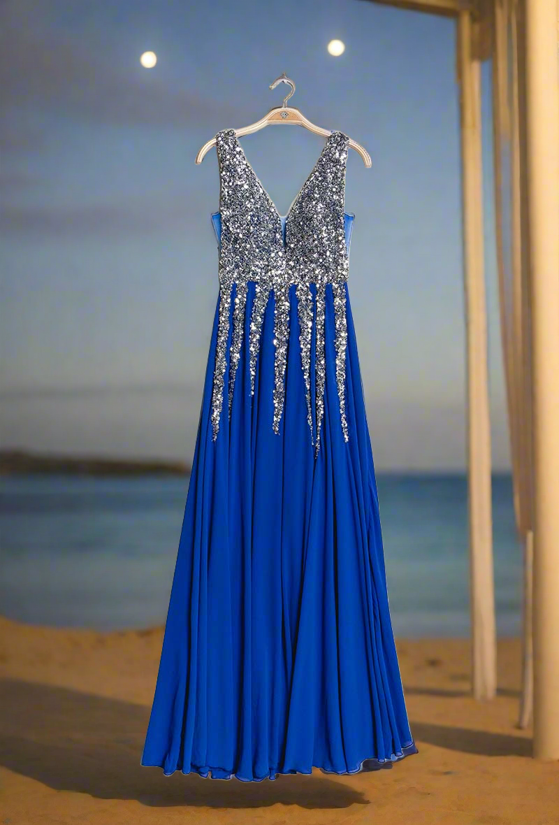 Royal blue and Silver long evening dress – Aphrodite Malta
