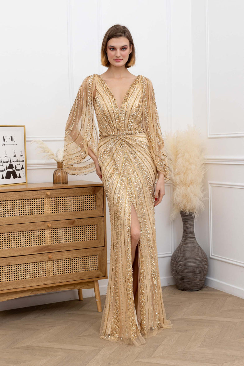 Hand Beaded Gold Long evening dress – Aphrodite Malta