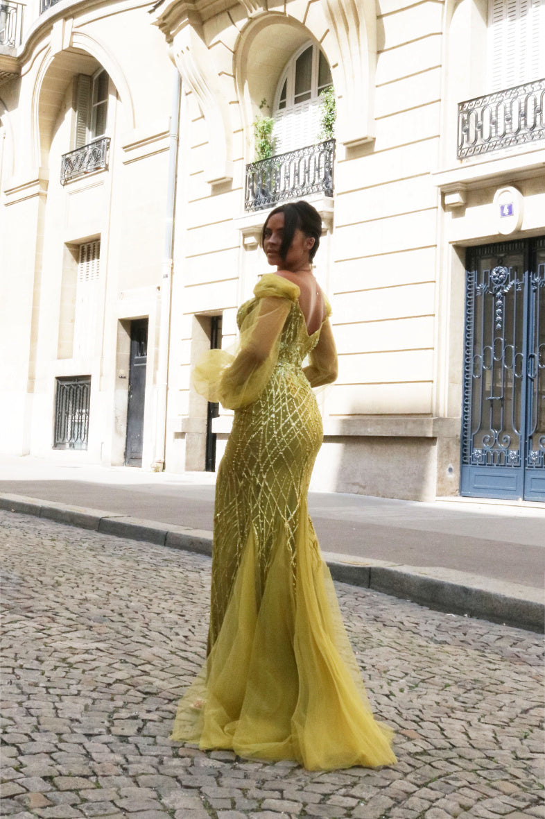 Long Sleeve with front slit fully beaded dress