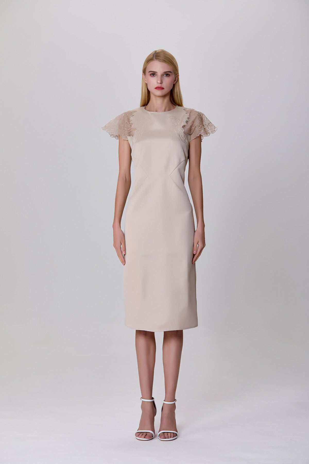 S&J Satin dress with inlaid lace sleeves