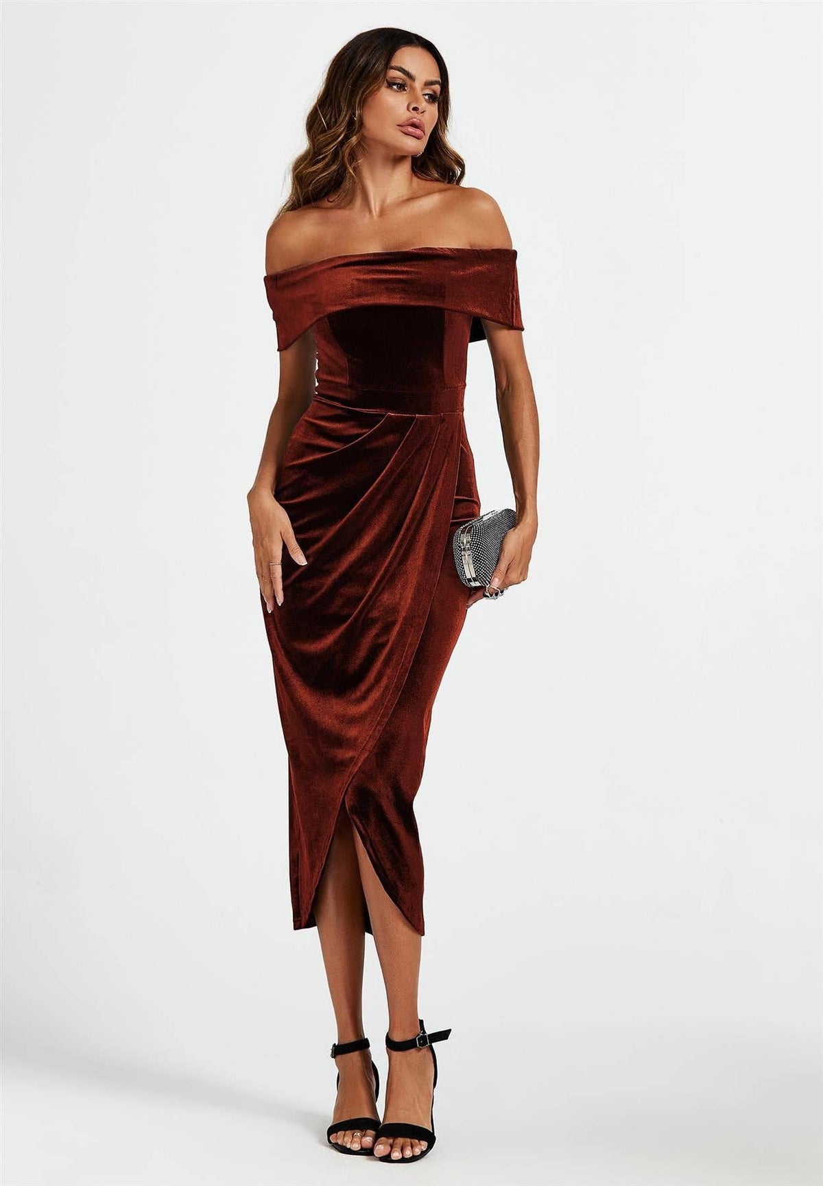 Off Shoulder Velvet Midi Dress In Brown