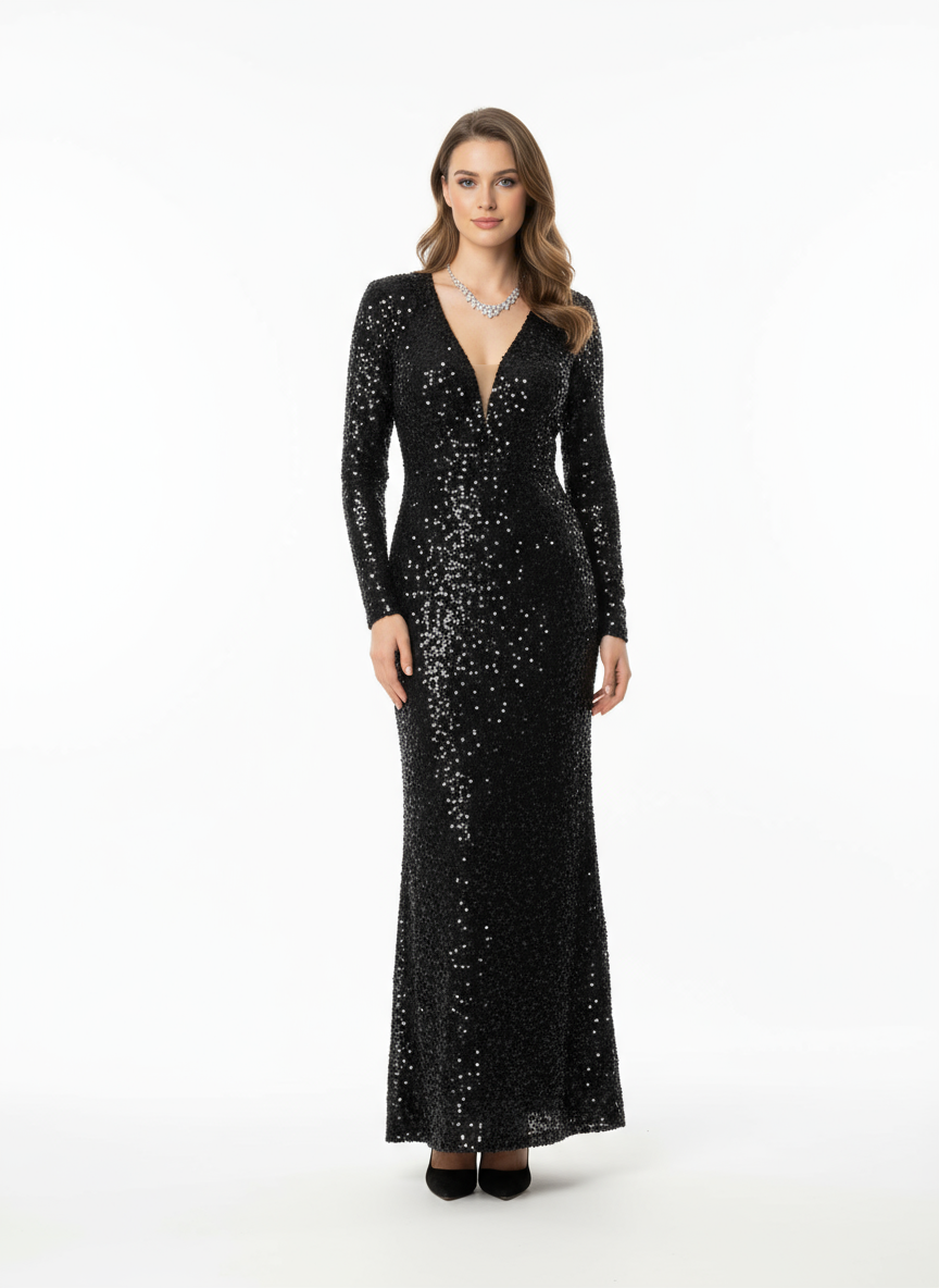 Curvy Black Sequins Long Sleeve Fishtail Dress