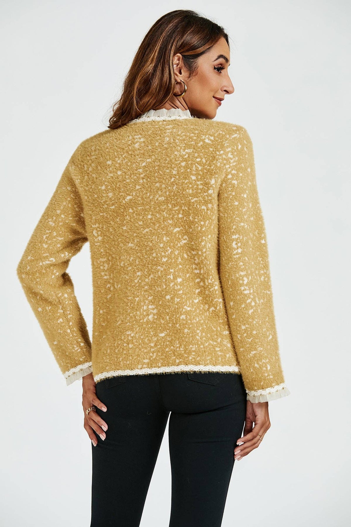 FS Collection (Germany) - Leopard Pattern Lace Trim Boucle Jacket in Yellow