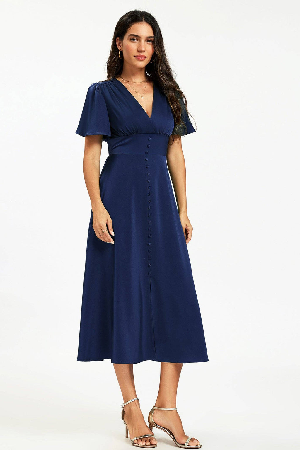 Satin-Midikleid mit V-Ausschnitt und Knopfleiste in Navy