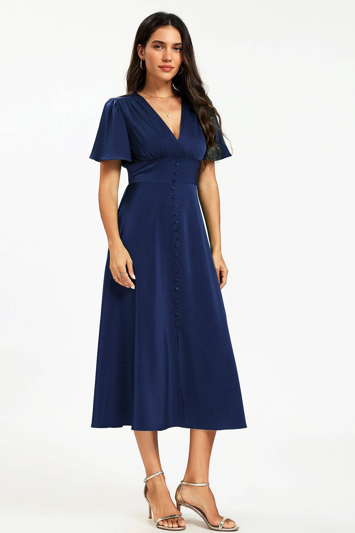 Satin-Midikleid mit V-Ausschnitt und Knopfleiste in Navy