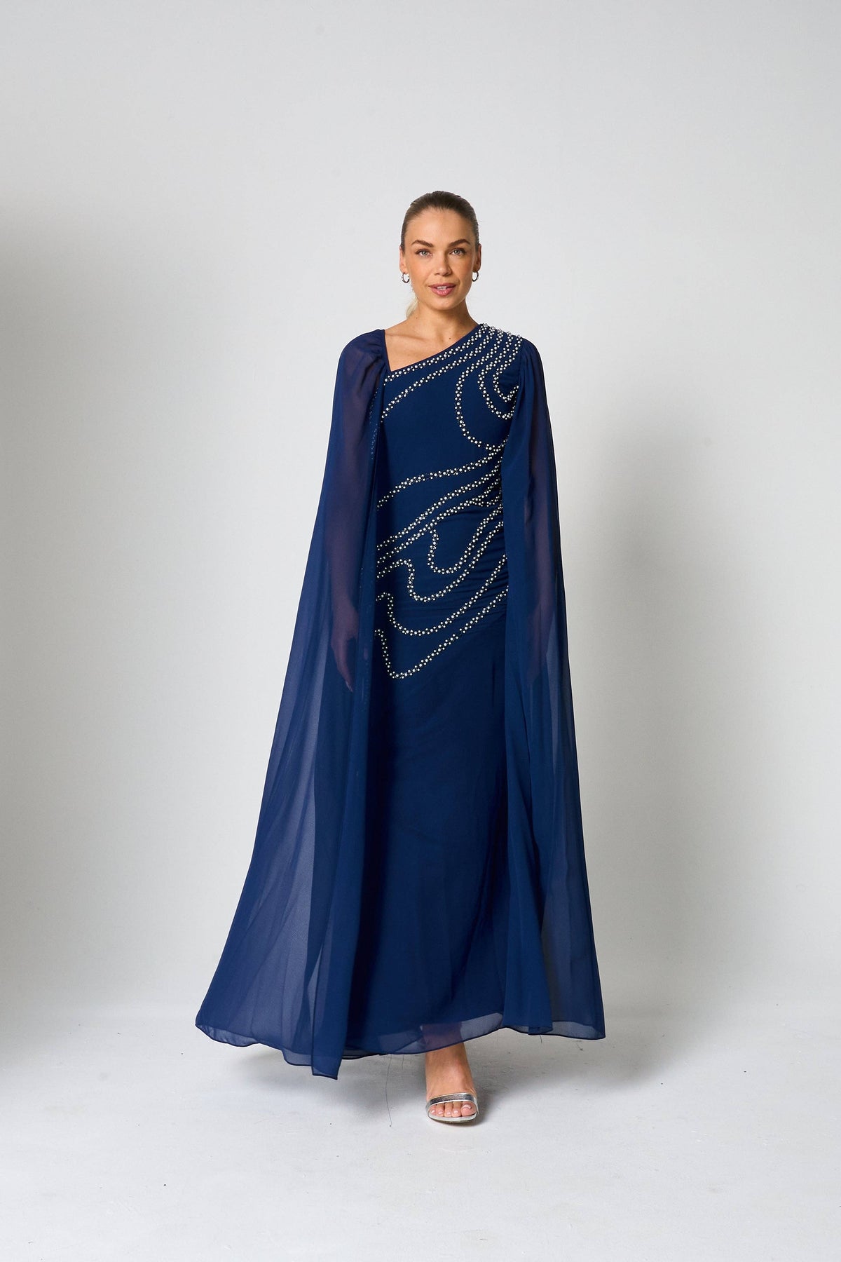 Patricia Navy Embellished Cape Sleeve Maxi Dress