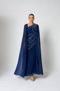Patricia Navy Embellished Cape Sleeve Maxi Dress