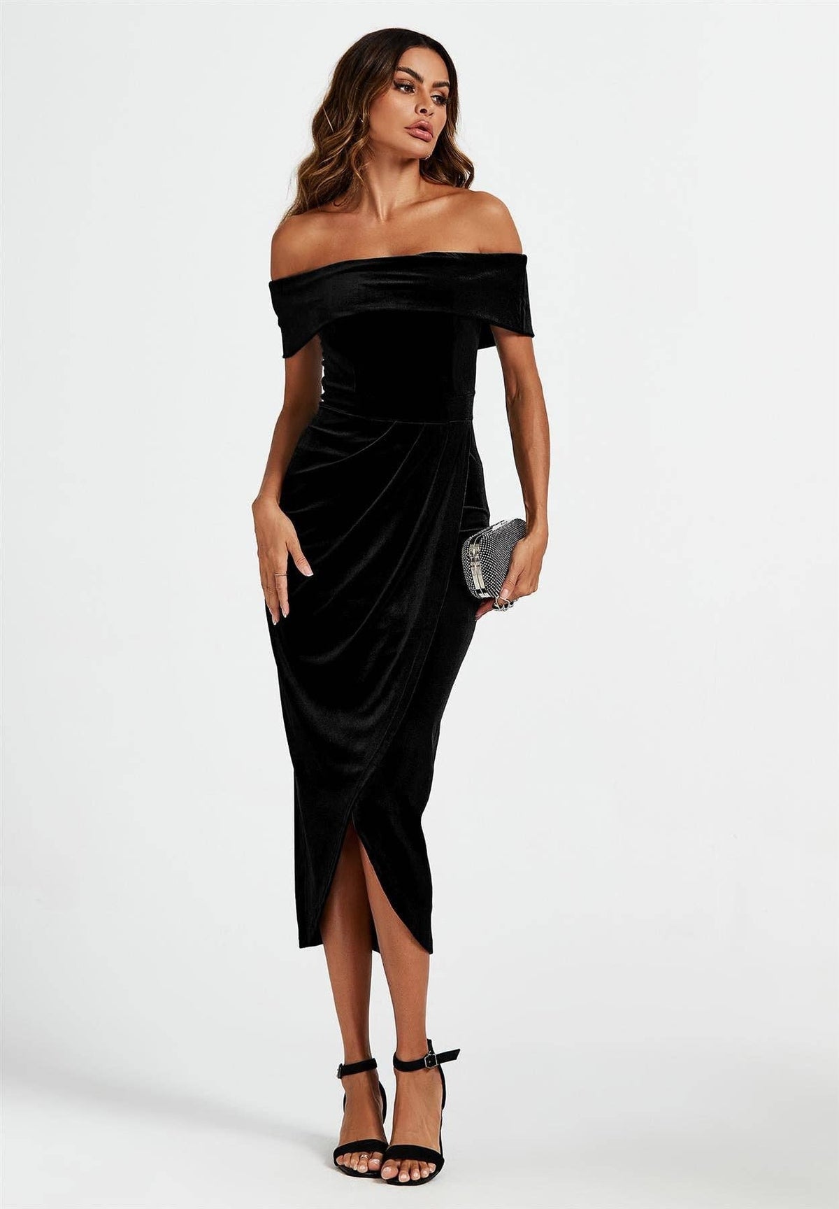 Off Shoulder Velvet Midi Dress In Black