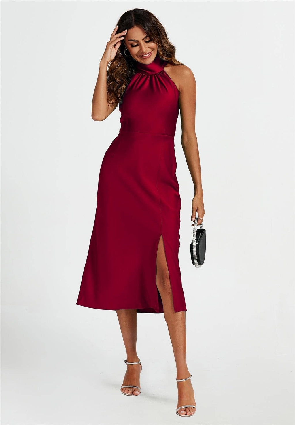 Satin Halter Neck Tie Back Midi Dress