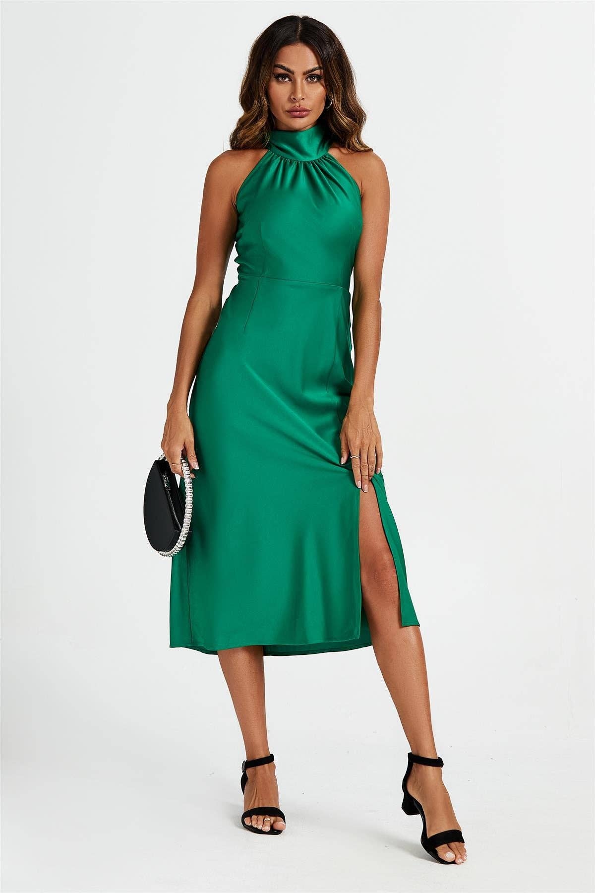 Satin Halter Neck Tie Back Midi Dress