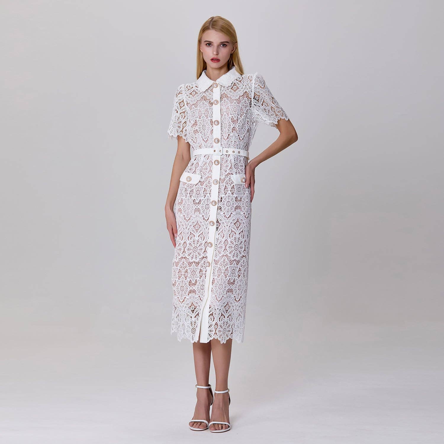 Buttoned dress in sheer lace: Rose