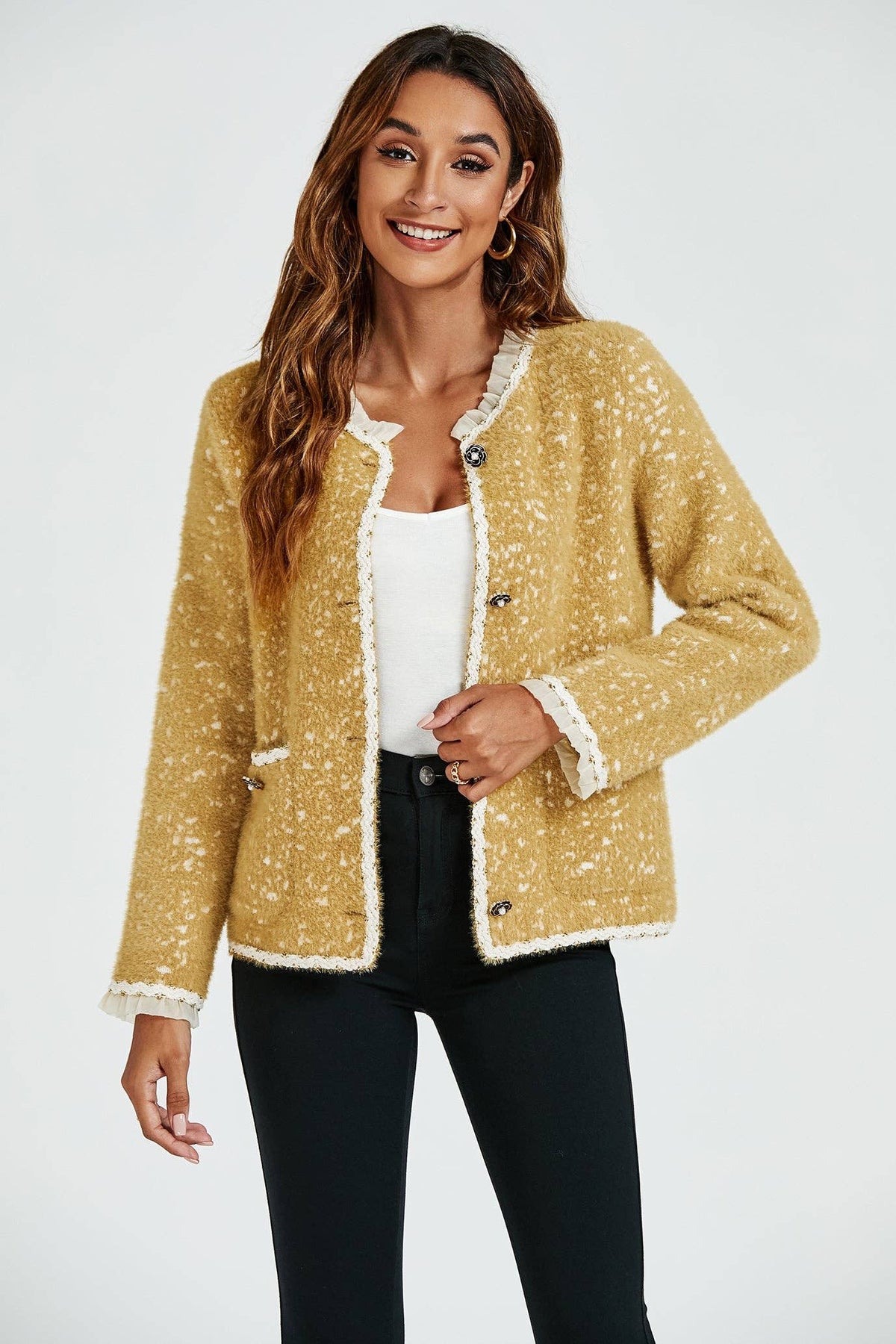 FS Collection (Germany) - Leopard Pattern Lace Trim Boucle Jacket in Yellow