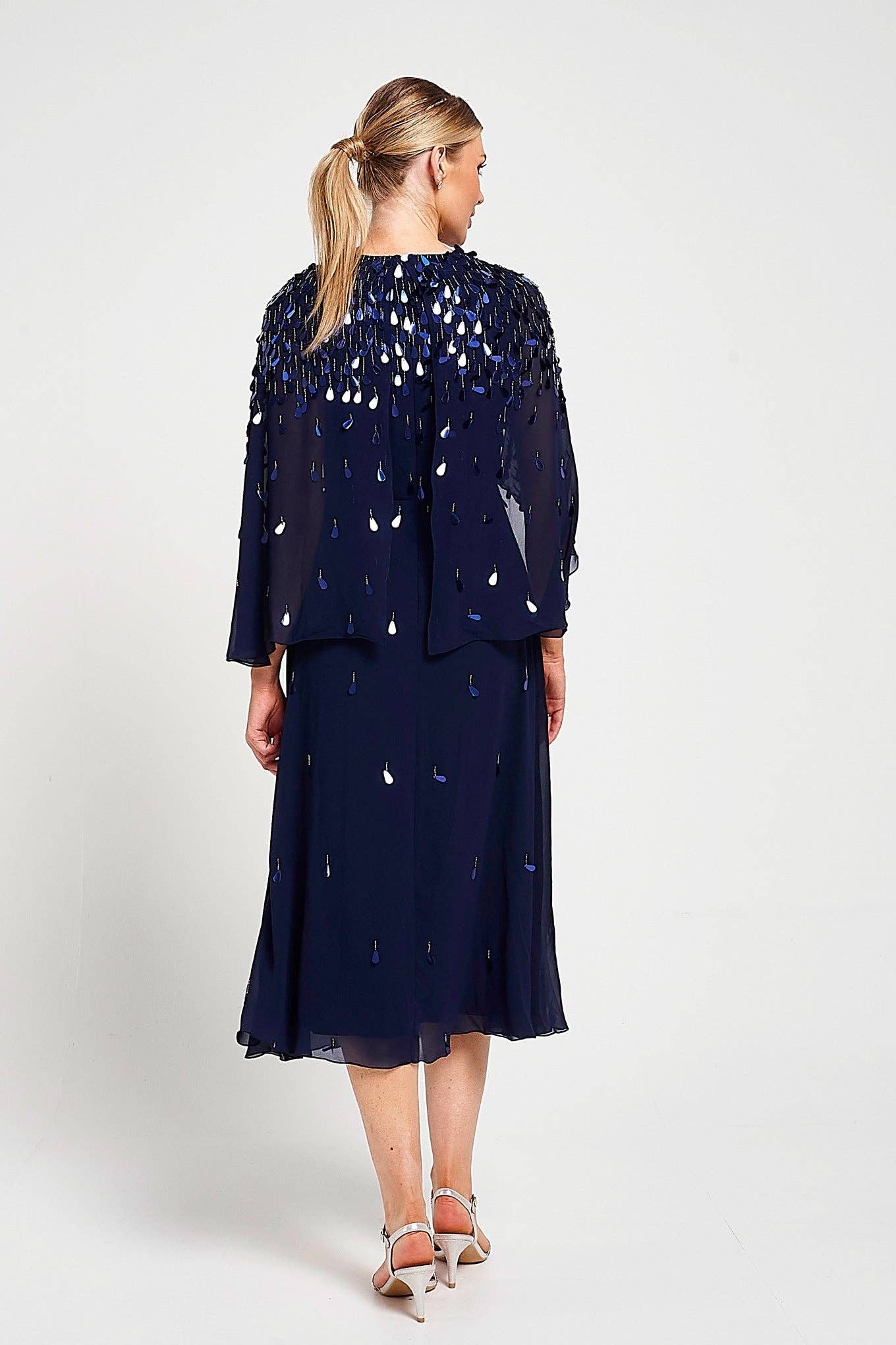 Annette Navy Embellished Cape Sleeve Midi Dress
