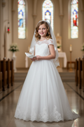 First Holy communion dress with trail and cup sleeves