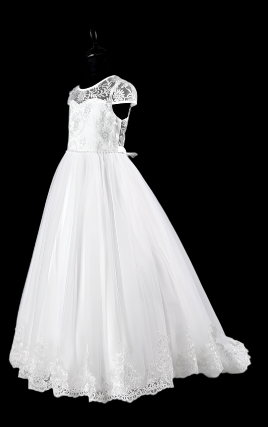 First Holy communion dress with trail and cup sleeves