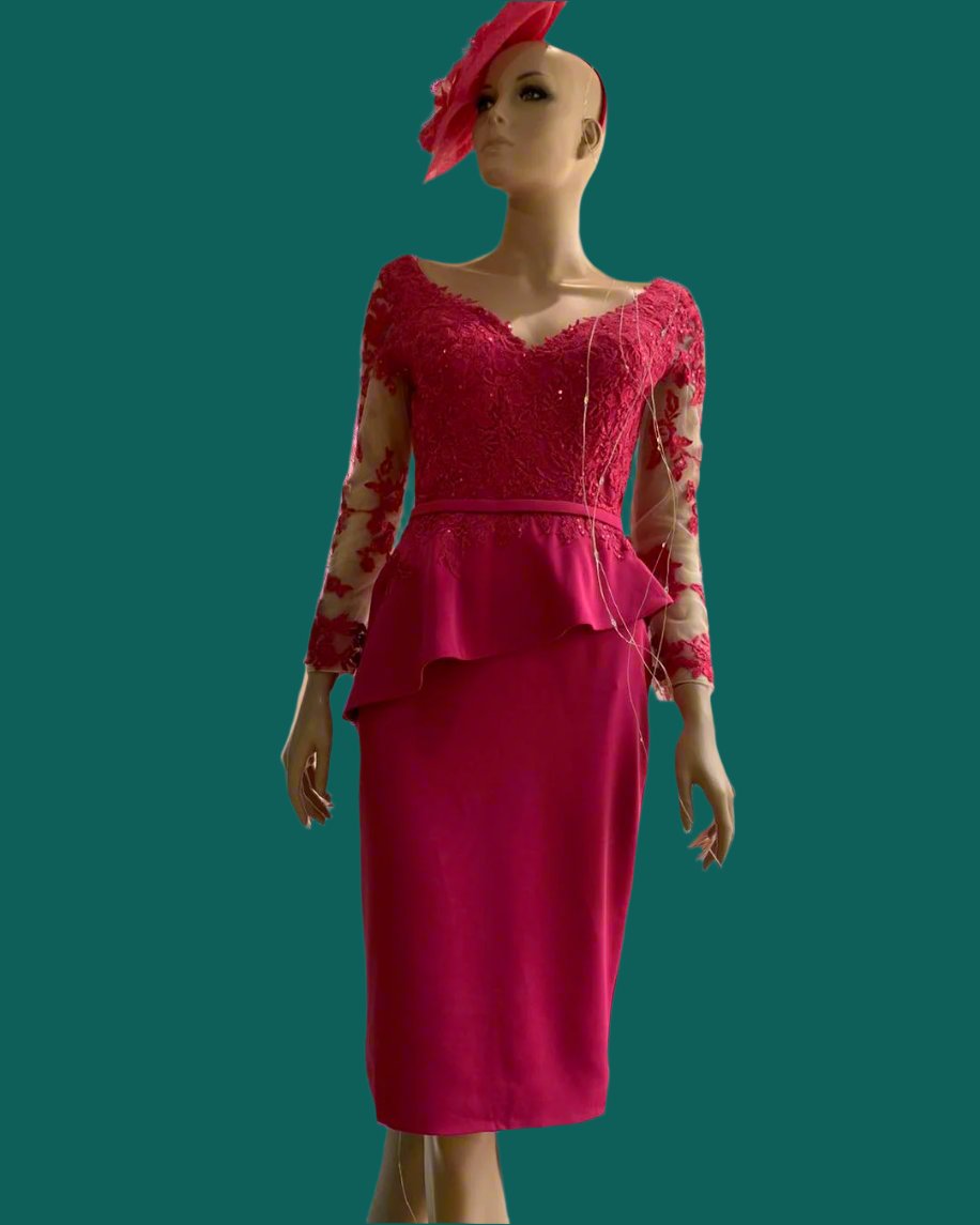 V-Neck Full Length Sleeves Lace Appliques Ruffles knee length Mother of the Wedding Dress
