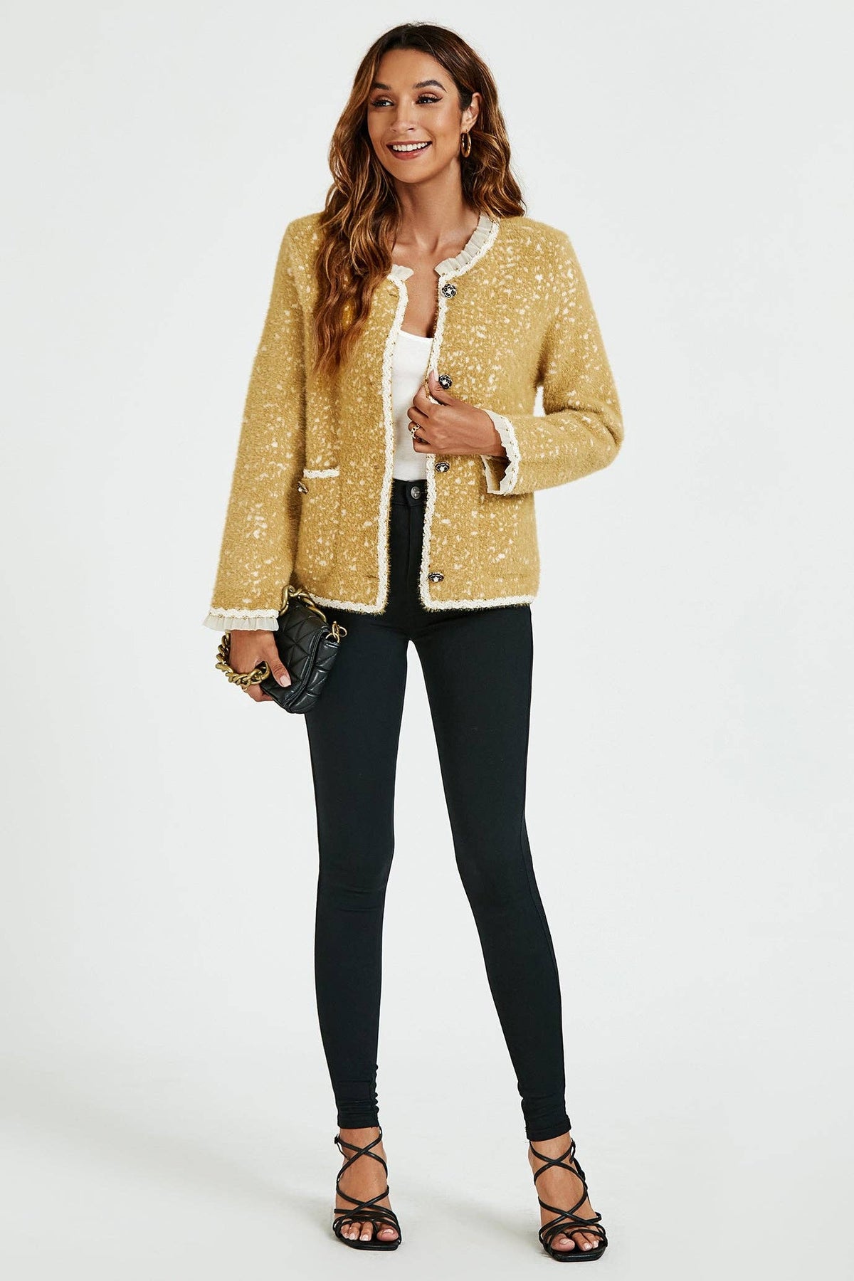 FS Collection (Germany) - Leopard Pattern Lace Trim Boucle Jacket in Yellow