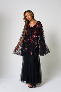 Zola Black Floral Embellished Cape Maxi Dress