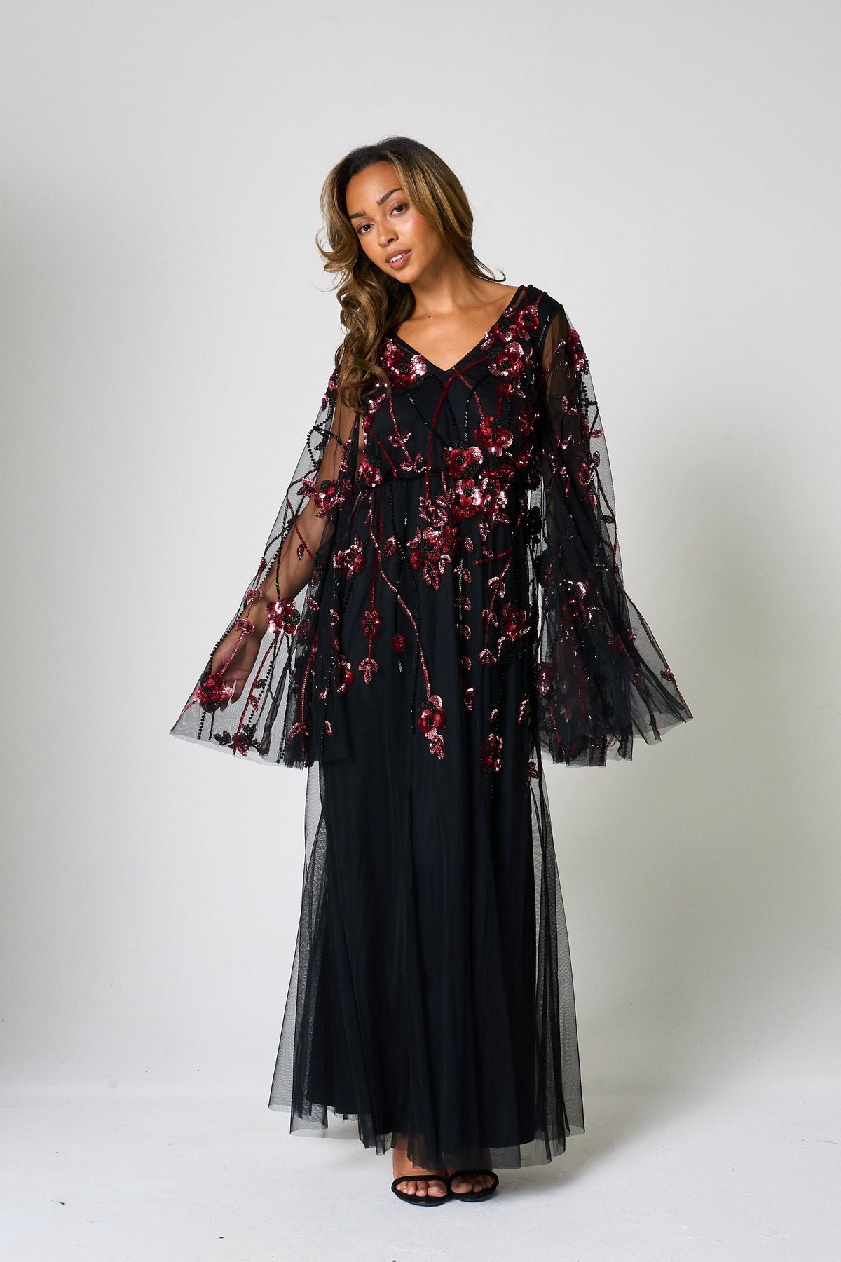 Zola Black Floral Embellished Cape Maxi Dress