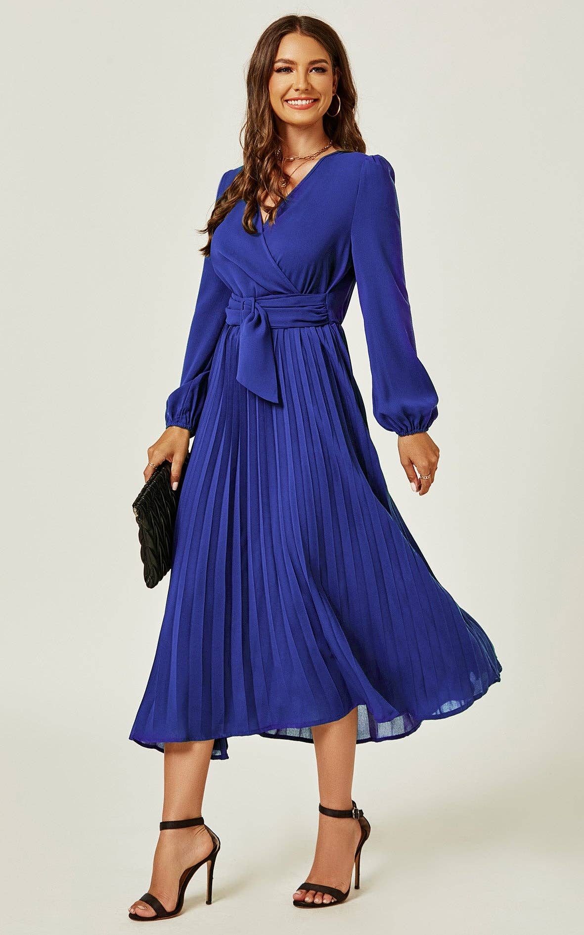 Pleated Midi Skirt Wrap Dress In Blue