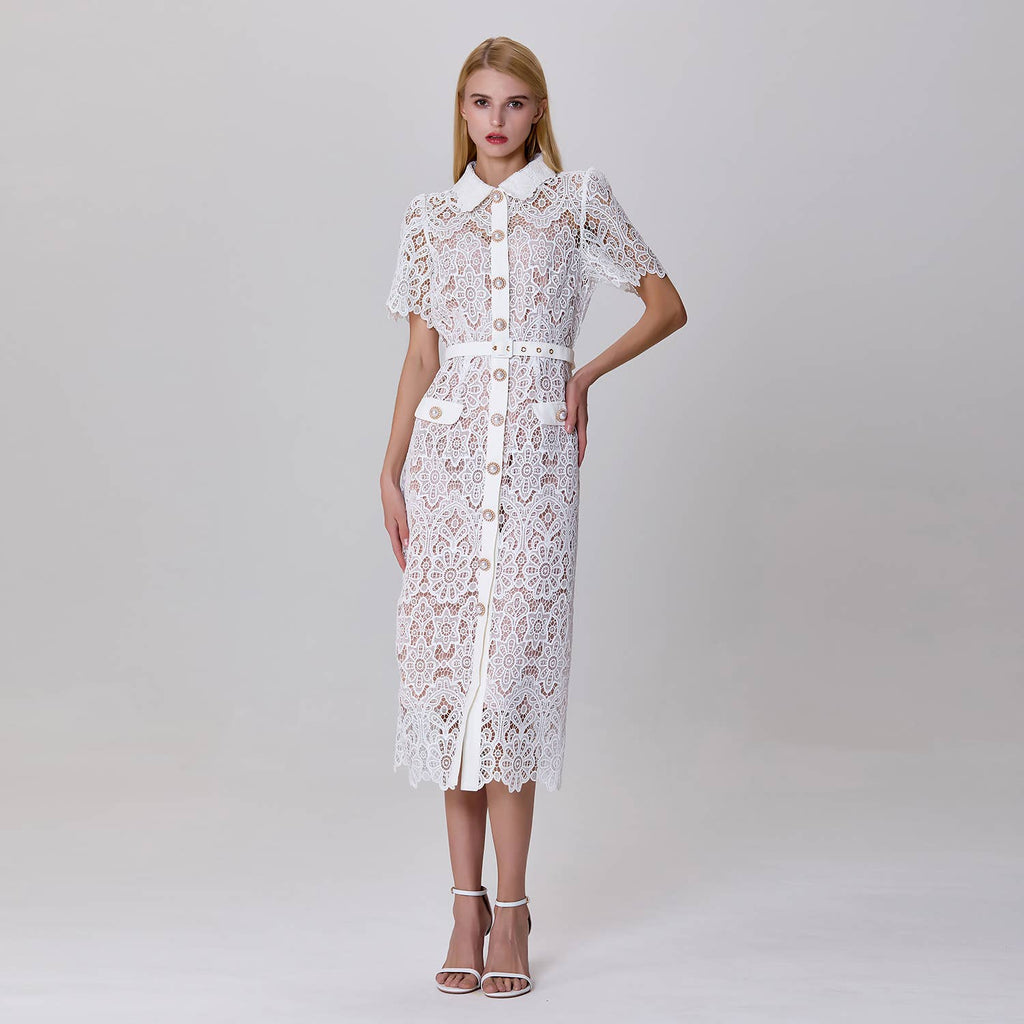 Buttoned dress in sheer lace
