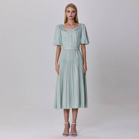 Pleated and embroidered shirt dress