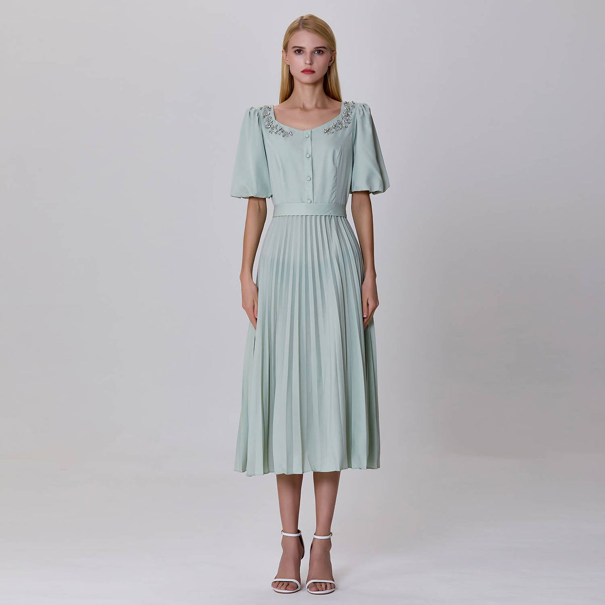 Pleated and embroidered shirt dress