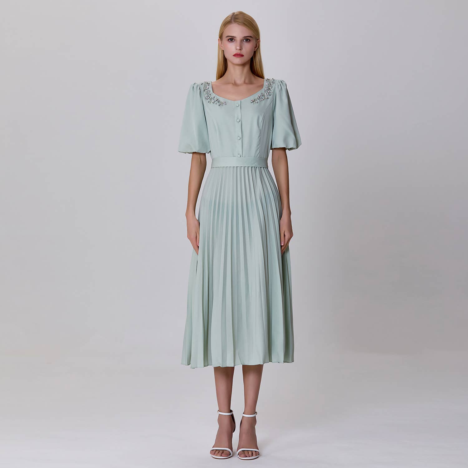 Pleated and embroidered shirt dress