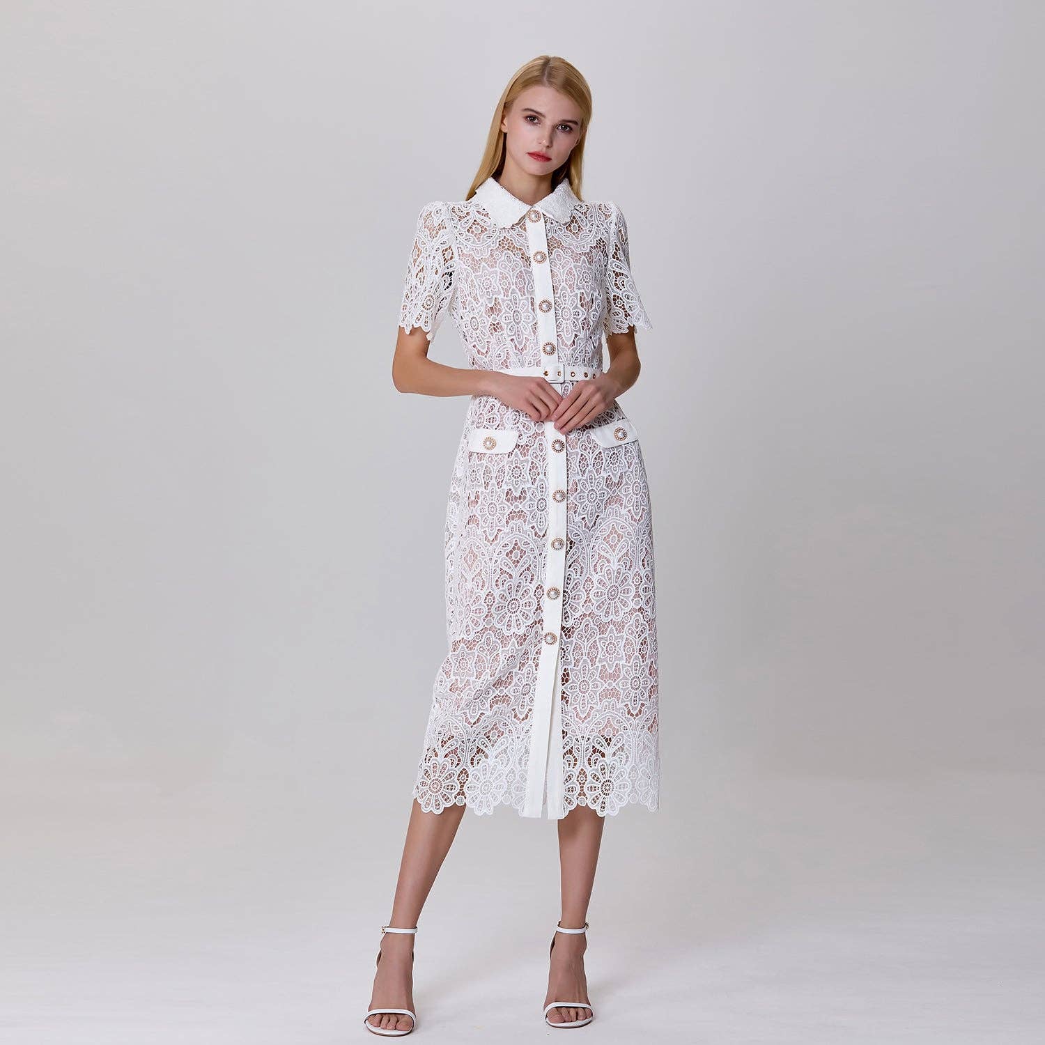 Buttoned dress in sheer lace: Rose / FR 40