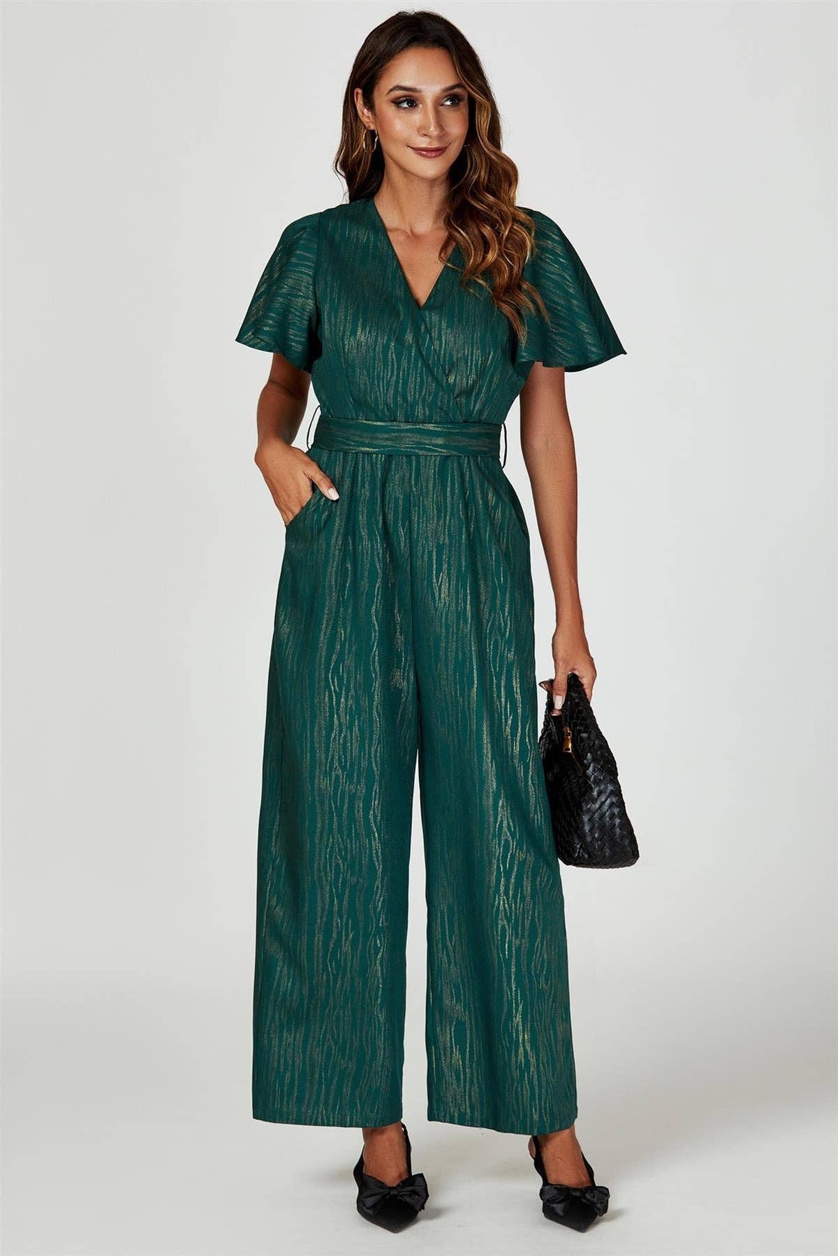 Gold Foil Print Wrap Top Jumpsuit In Green