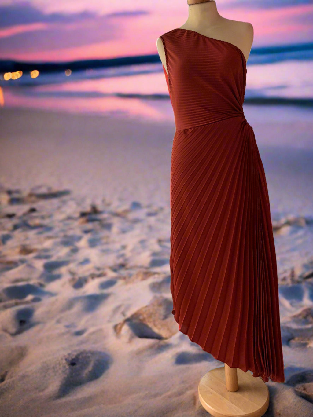 Rust One Shoulder Satin Pleated Midi Dress