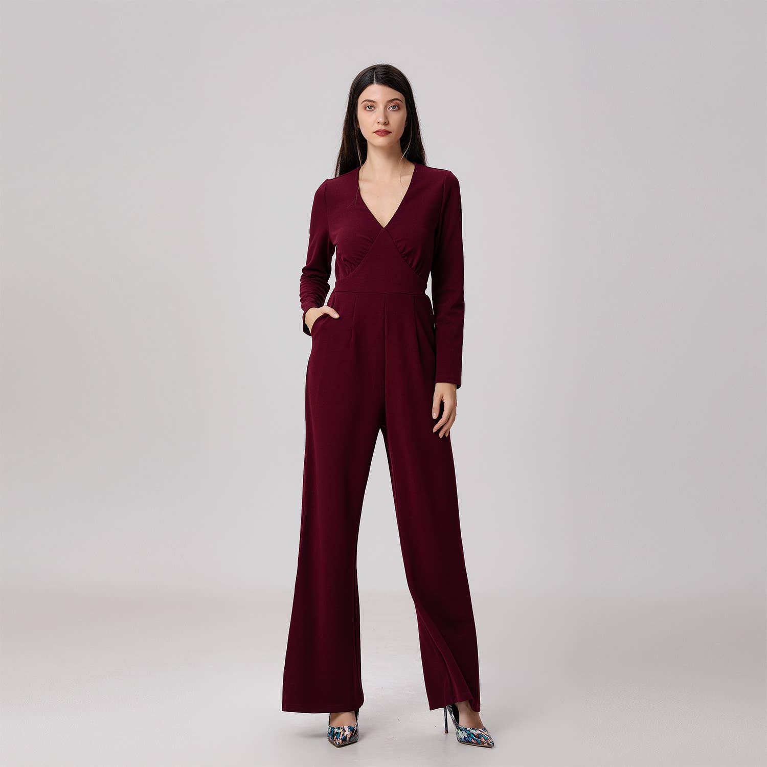 V-neck long jumpsuit
