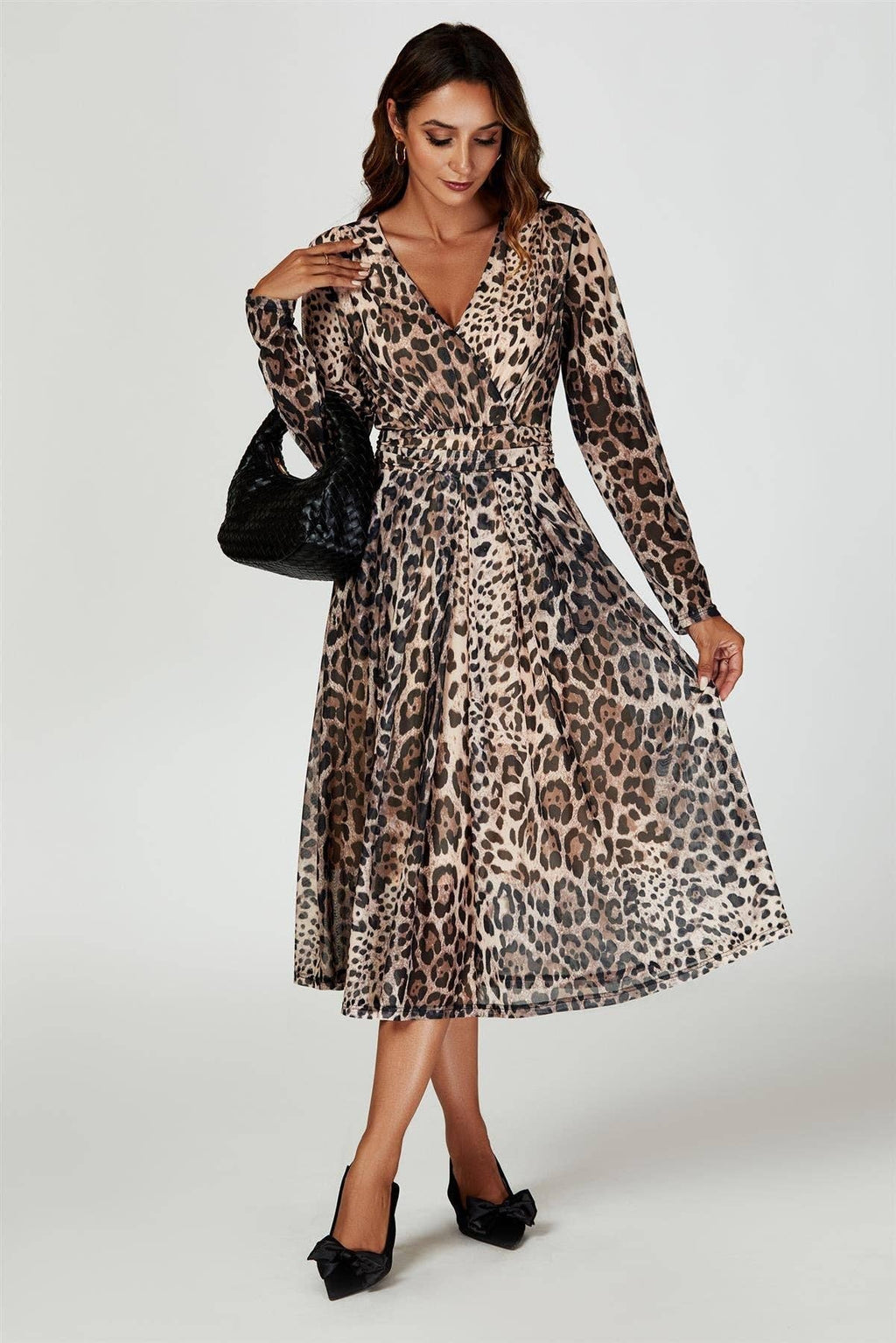 Leopard Print Mesh Midi Dress In Brown