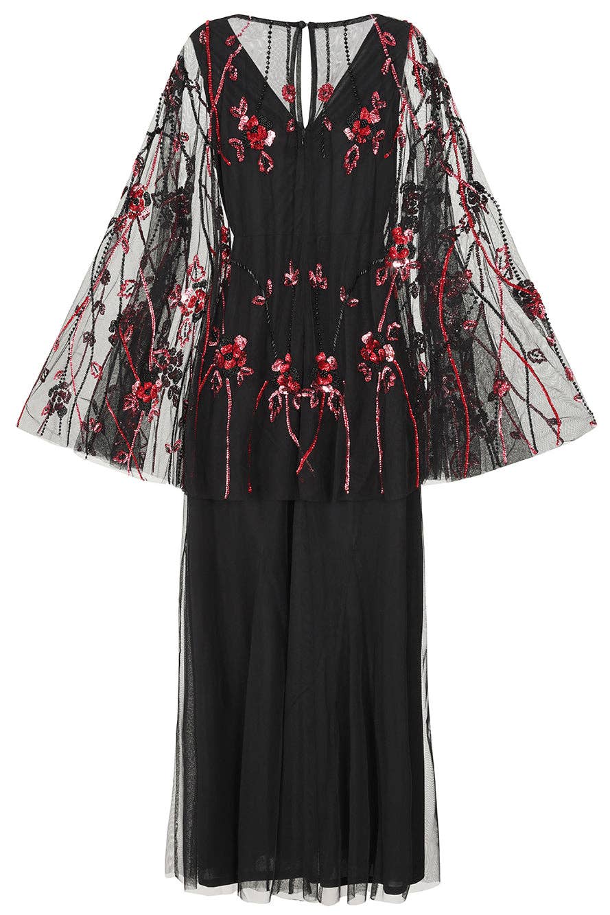 Zola Black Floral Embellished Cape Maxi Dress