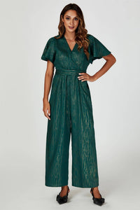 Gold Foil Print Wrap Top Jumpsuit In Green