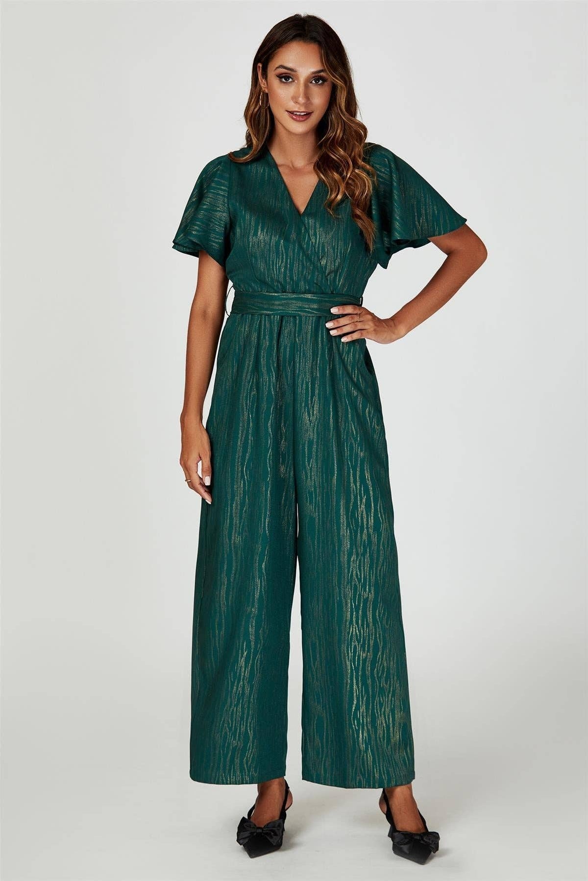 Gold Foil Print Wrap Top Jumpsuit In Green