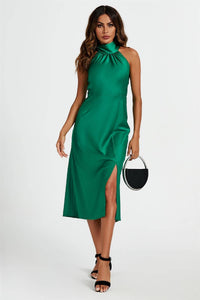 Satin Halter Neck Tie Back Midi Dress