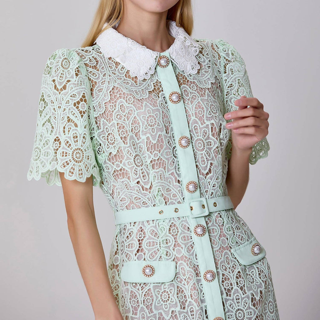 Buttoned dress in sheer lace: Rose / FR 40