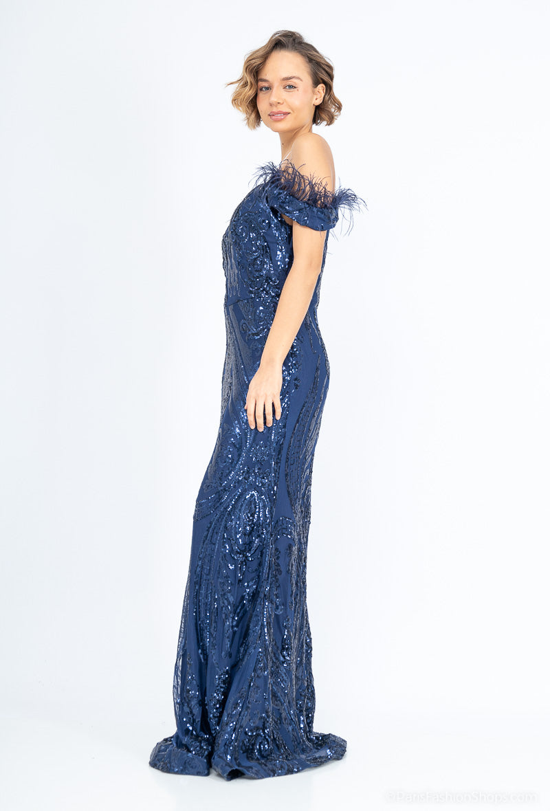 Long off- the- shoulder  Sequined Evening Dress