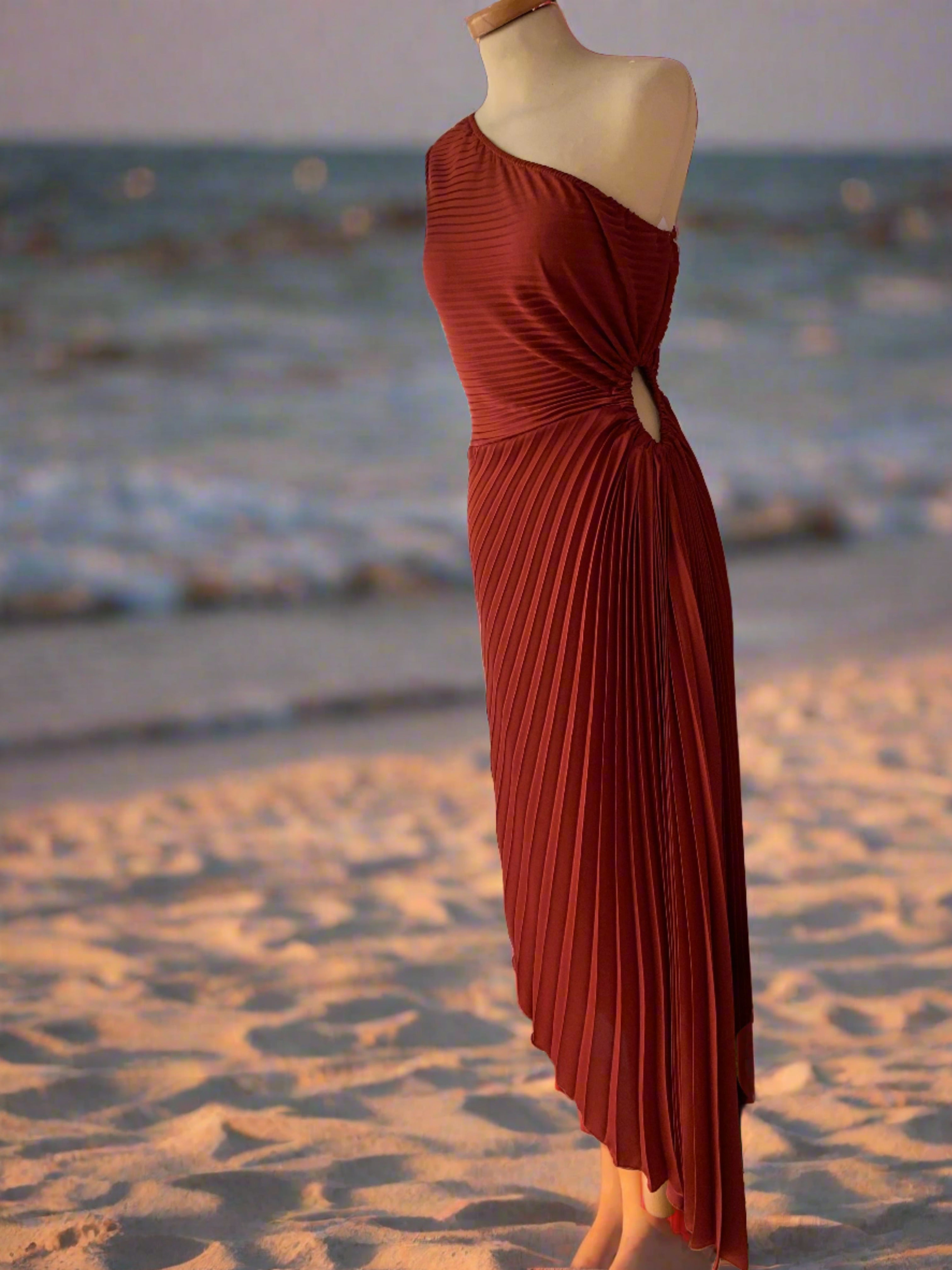 Rust One Shoulder Satin Pleated Midi Dress