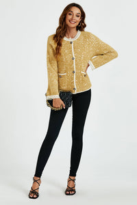 FS Collection (Germany) - Leopard Pattern Lace Trim Boucle Jacket in Yellow