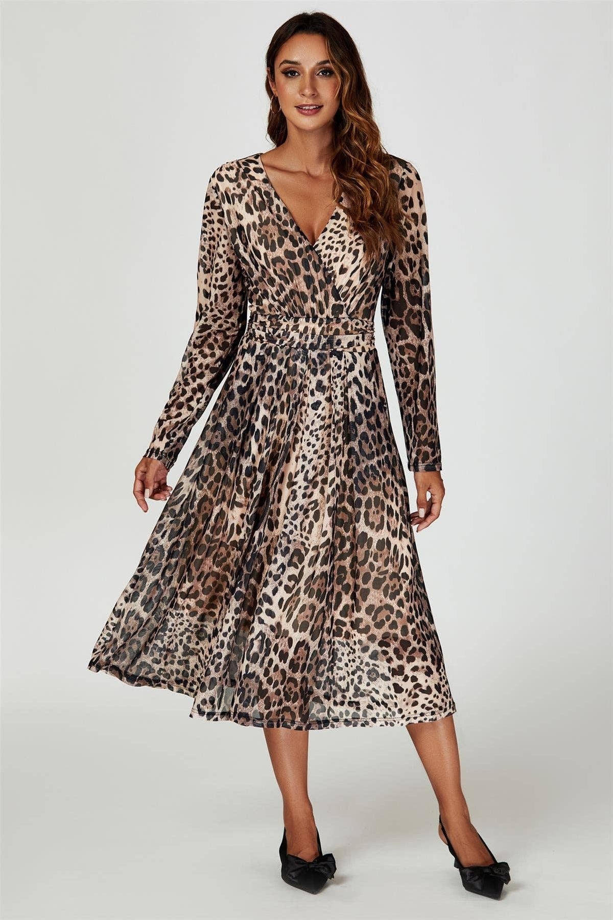 Leopard Print Mesh Midi Dress In Brown